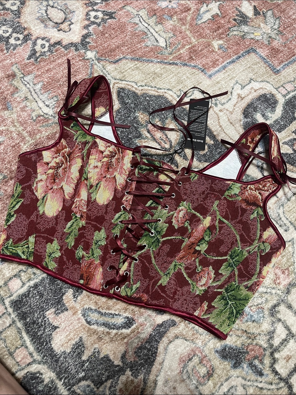 Women's Burgundy Floral Lace-Up Crop Corset Tank